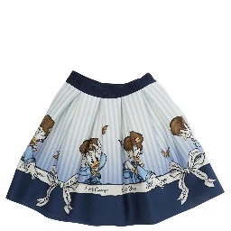 Blue Pleated Skirt with All-Over Print in Cotton Girl