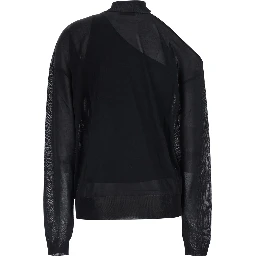 Black turtleneck top with cut-out on the shoulder and matching one-shoulder viscose top in silk for women