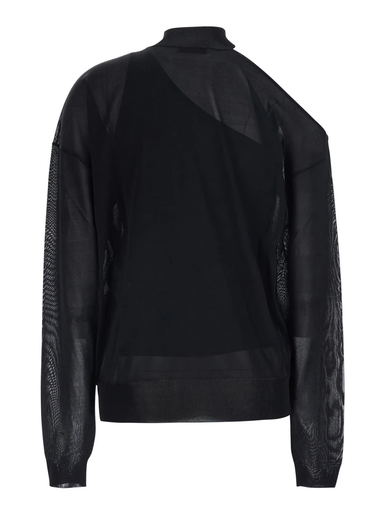 Black turtleneck top with cut-out on the shoulder and matching one-shoulder viscose top in silk for women alternative