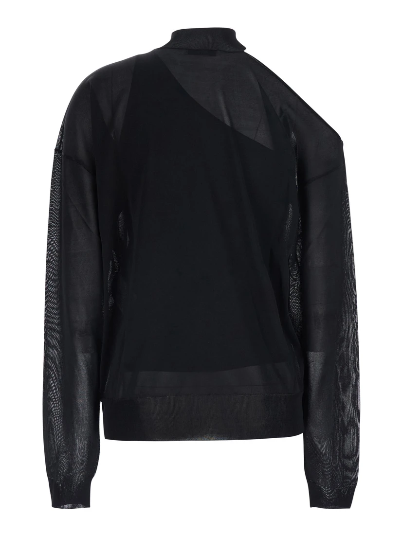 Black turtleneck top with cut-out on the shoulder and matching one-shoulder viscose top in silk for women