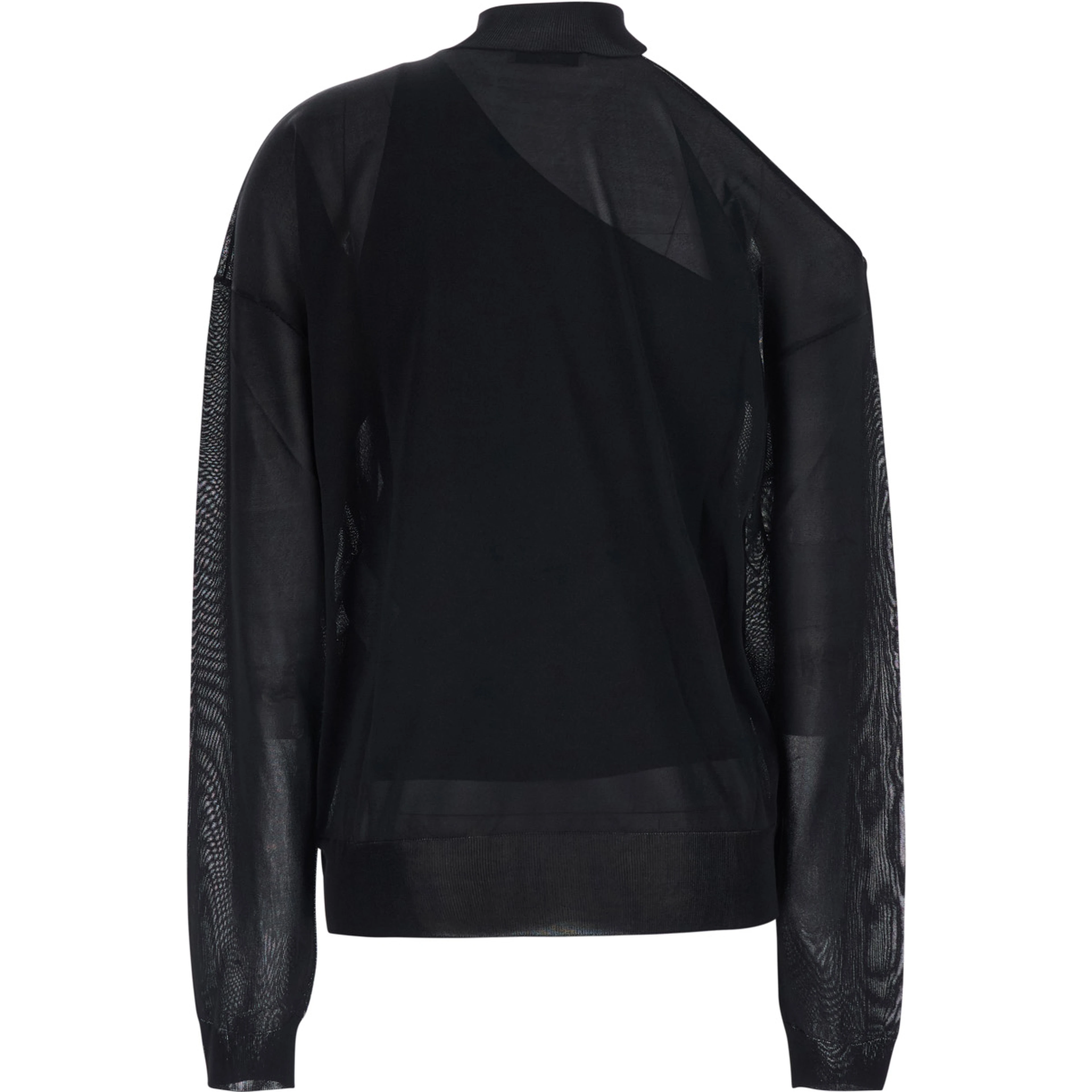 Black turtleneck top with cut-out on the shoulder and matching one-shoulder viscose top in silk for women