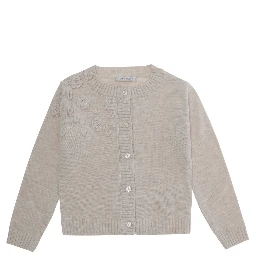 Gray Crew Neck Cardigan with Floral Embroidery on the Front in Blend Wool Girl