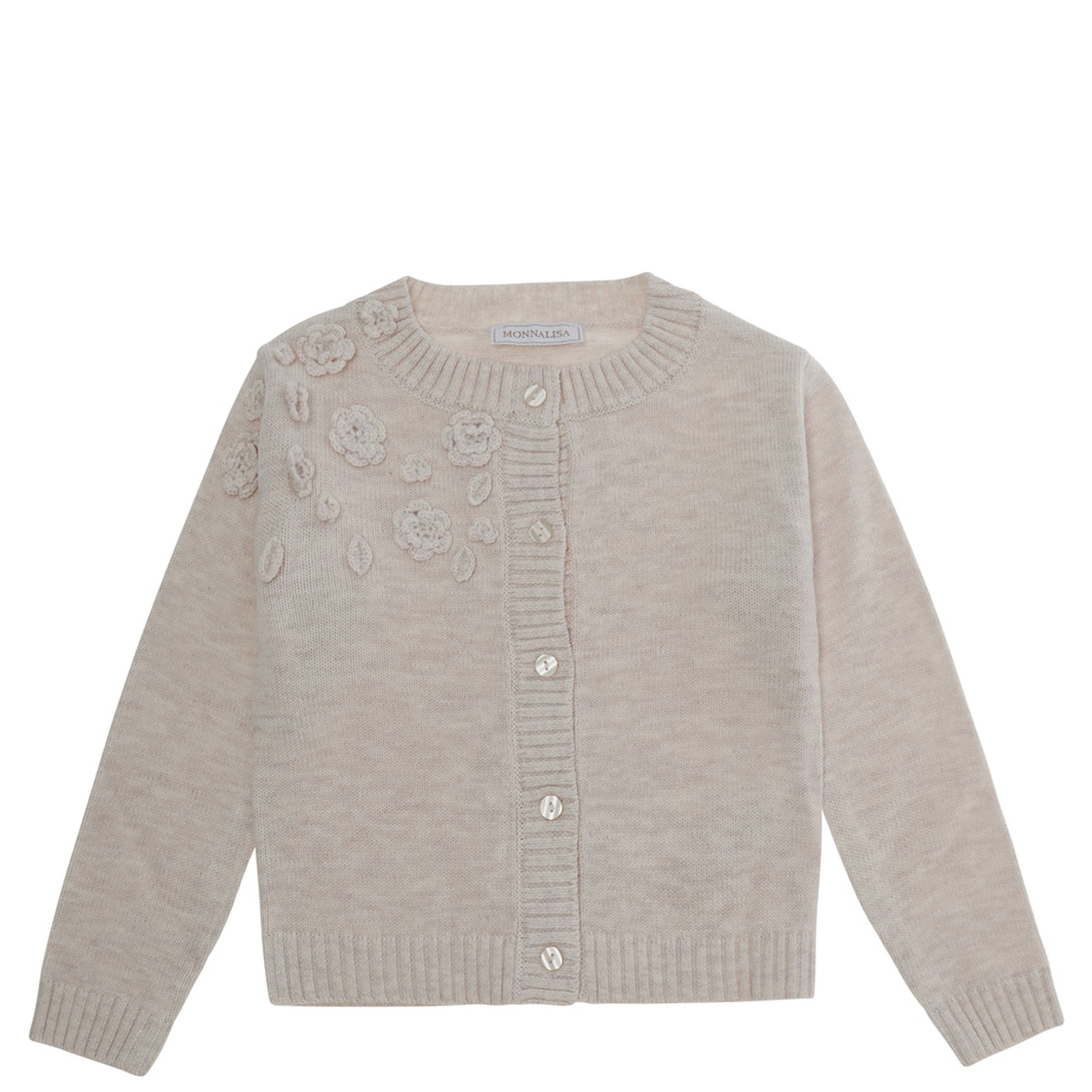 Gray Crew Neck Cardigan with Floral Embroidery on the Front in Blend Wool Girl