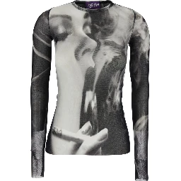 Black and White Long-Sleeved Top with Smoking Women Print in Tech Fabric for Women