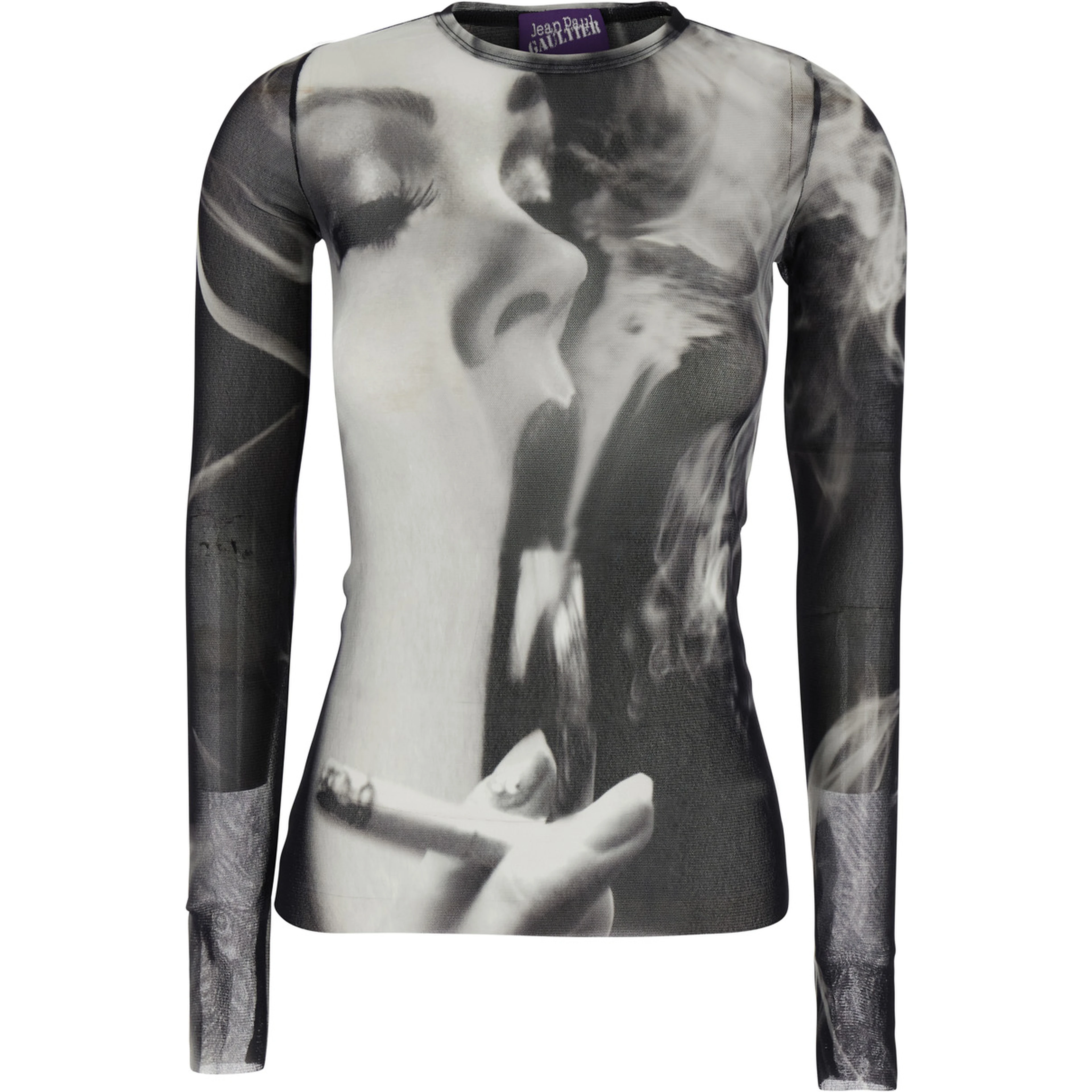 Black and White Long-Sleeved Top with Smoking Women Print in Tech Fabric for Women