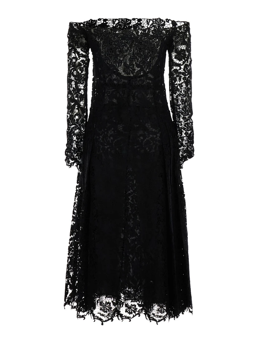 Black Dress with Off-shoulder in Macramé Lace for Women