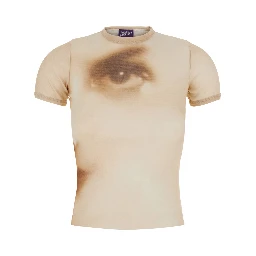 Beige T-Shirt with Face Print in Tech Fabric for Women