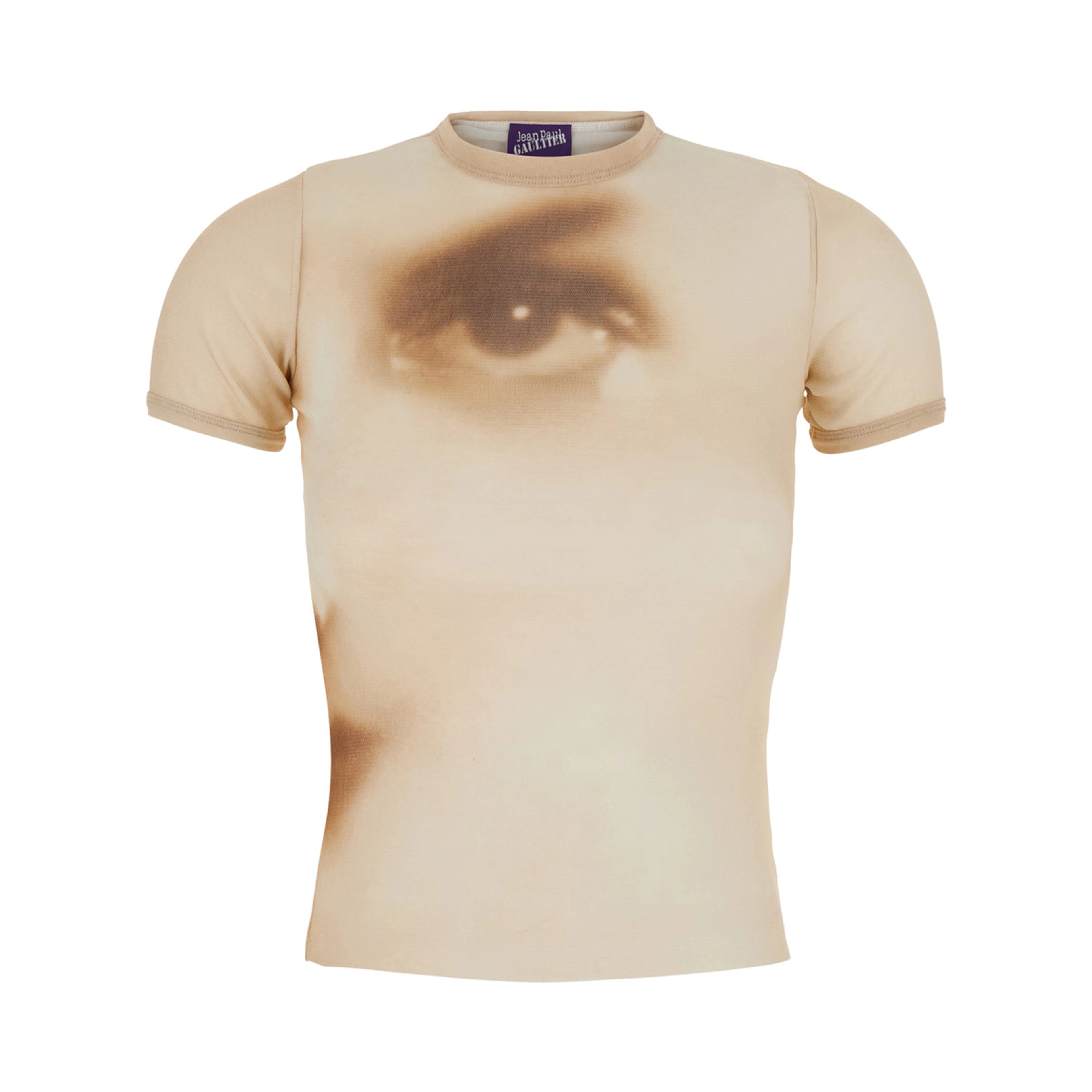 Beige T-Shirt with Face Print in Tech Fabric for Women