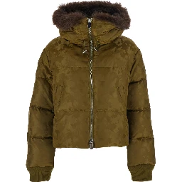 Green Down jacket with fur hood and military print in Tech Fabric women