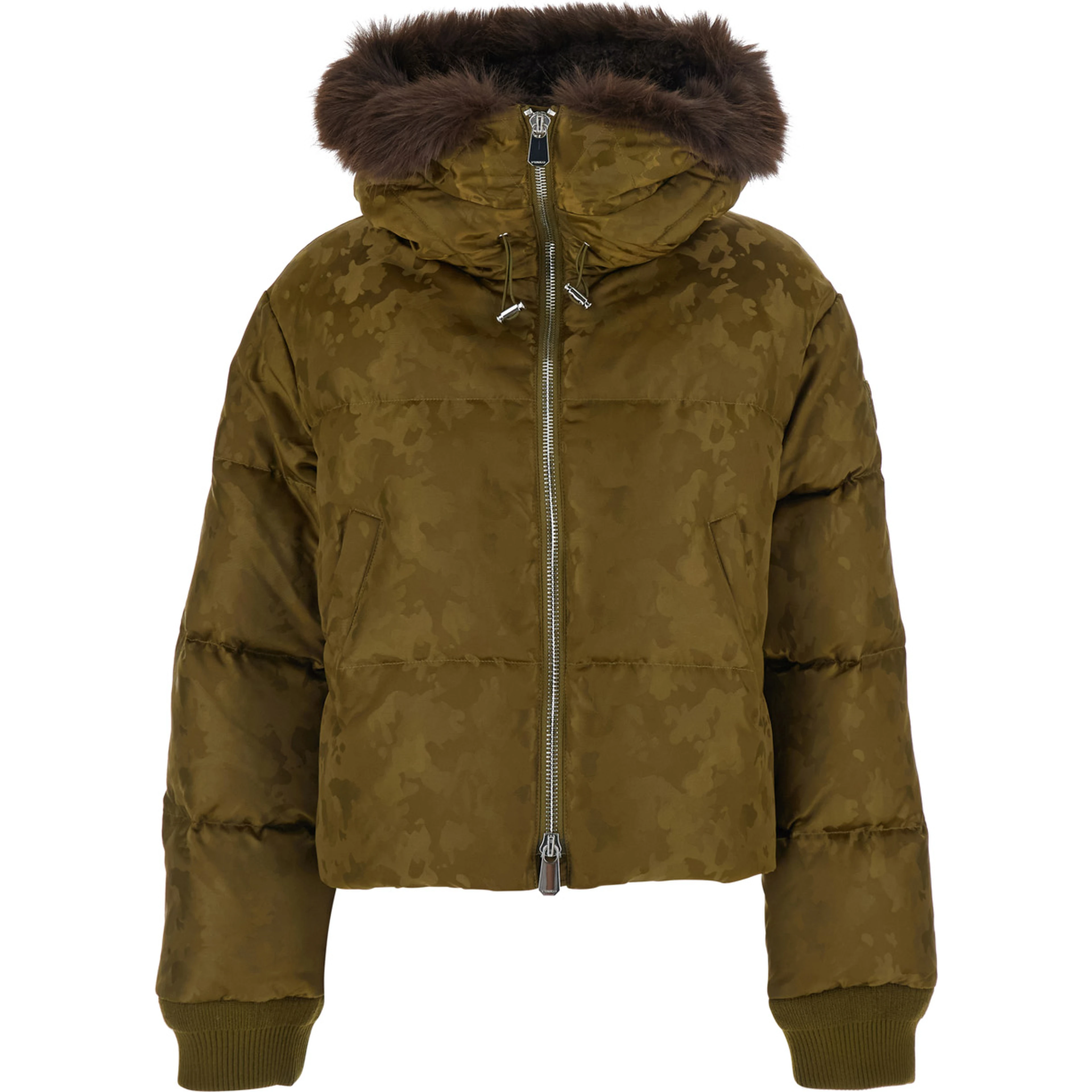 Green Down jacket with fur hood and military print in Tech Fabric women