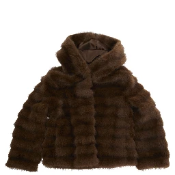 Brown Shearling Coat with Fixed Hood and Hidden Front Closure in Ecofur Girl