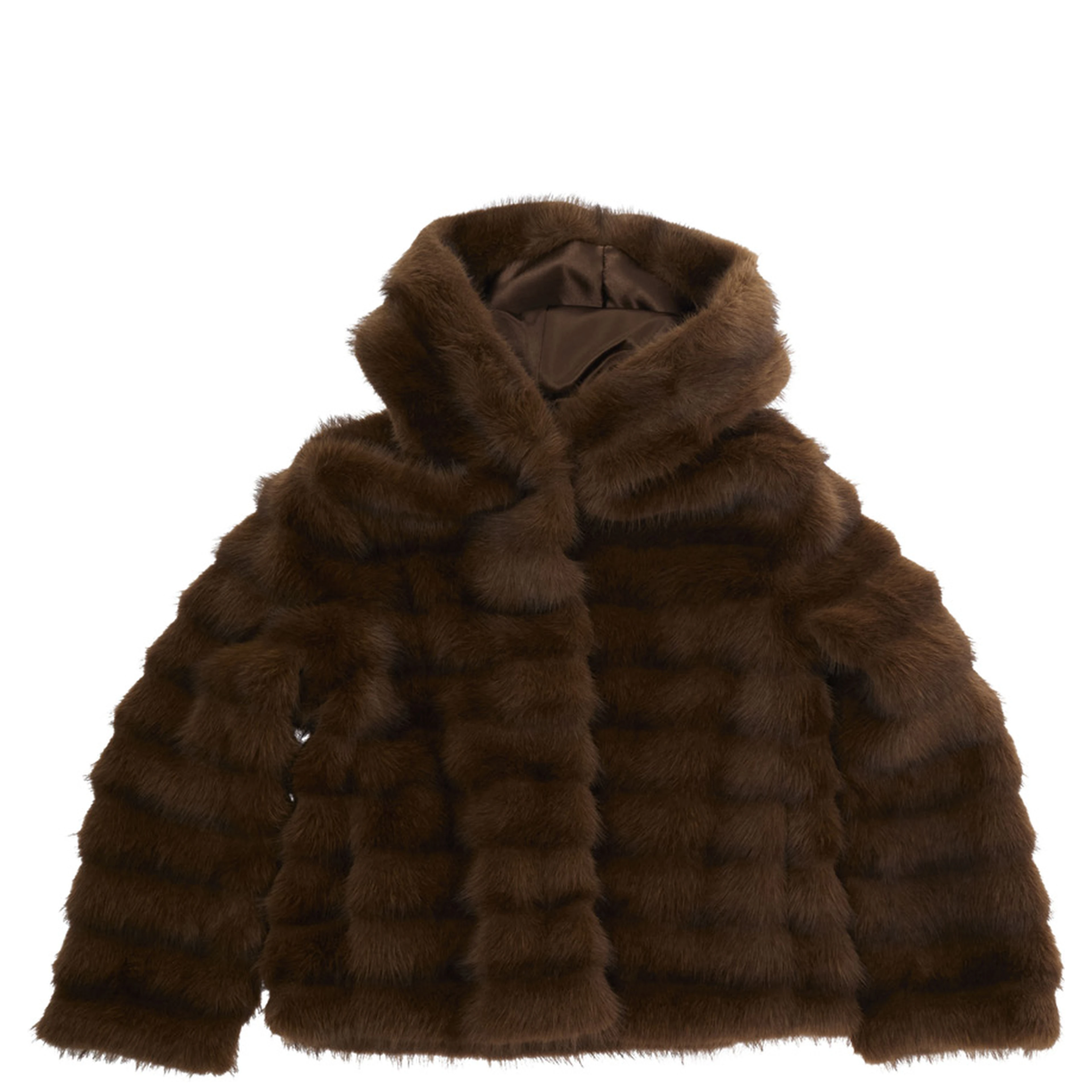 Brown Shearling Coat with Fixed Hood and Hidden Front Closure in Ecofur Girl