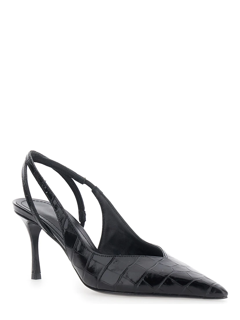 Dafne Black Pumps with High Heel and Crocodile Effect in Leather for Women