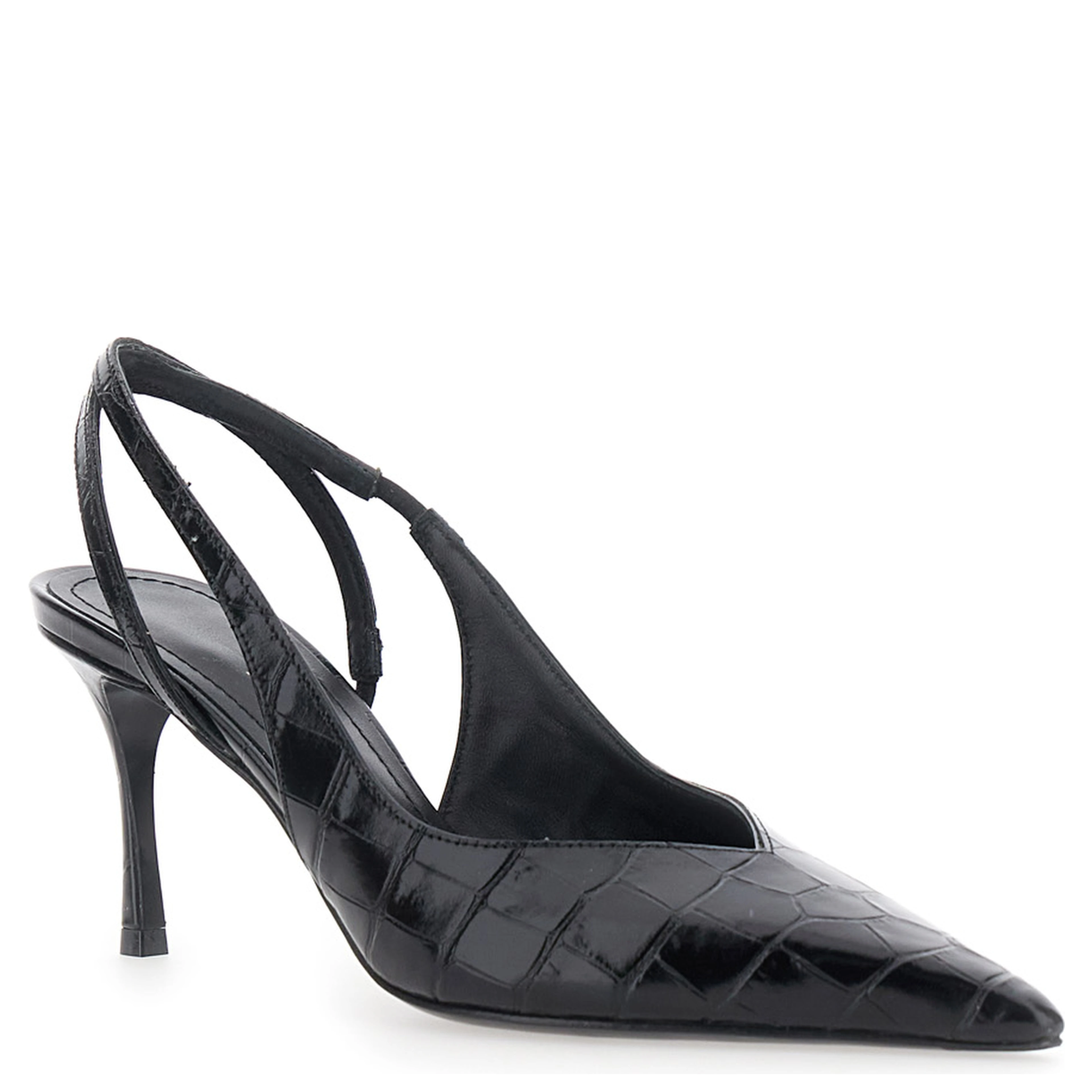 Dafne Black Pumps with High Heel and Crocodile Effect in Leather for Women