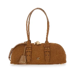 Bowling Horizontal Brown Handbag with adjustable and removable shoulder strap and Love Birds plaque on the front in suede for women