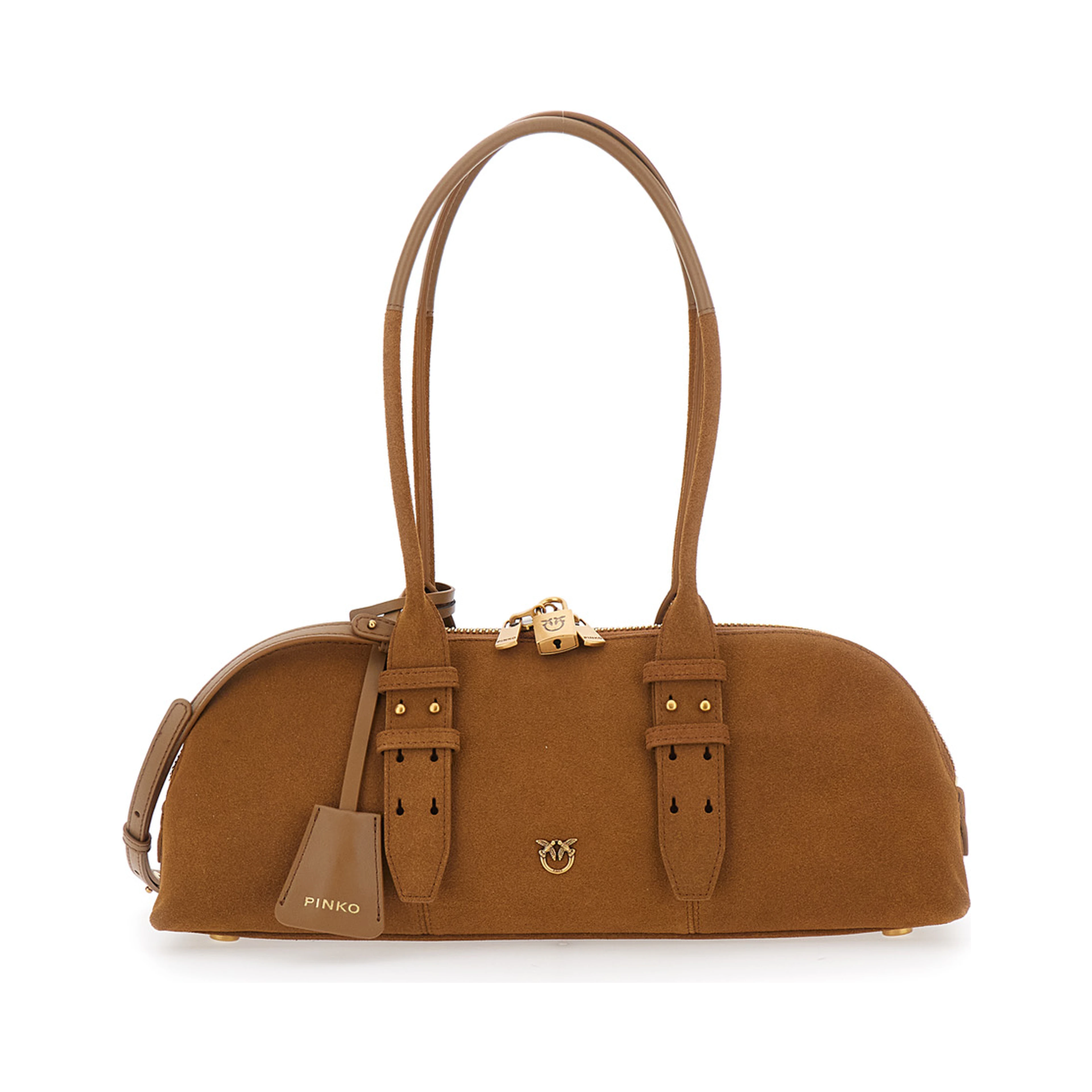 Bowling Horizontal Brown Handbag with adjustable and removable shoulder strap and Love Birds plaque on the front in suede for women