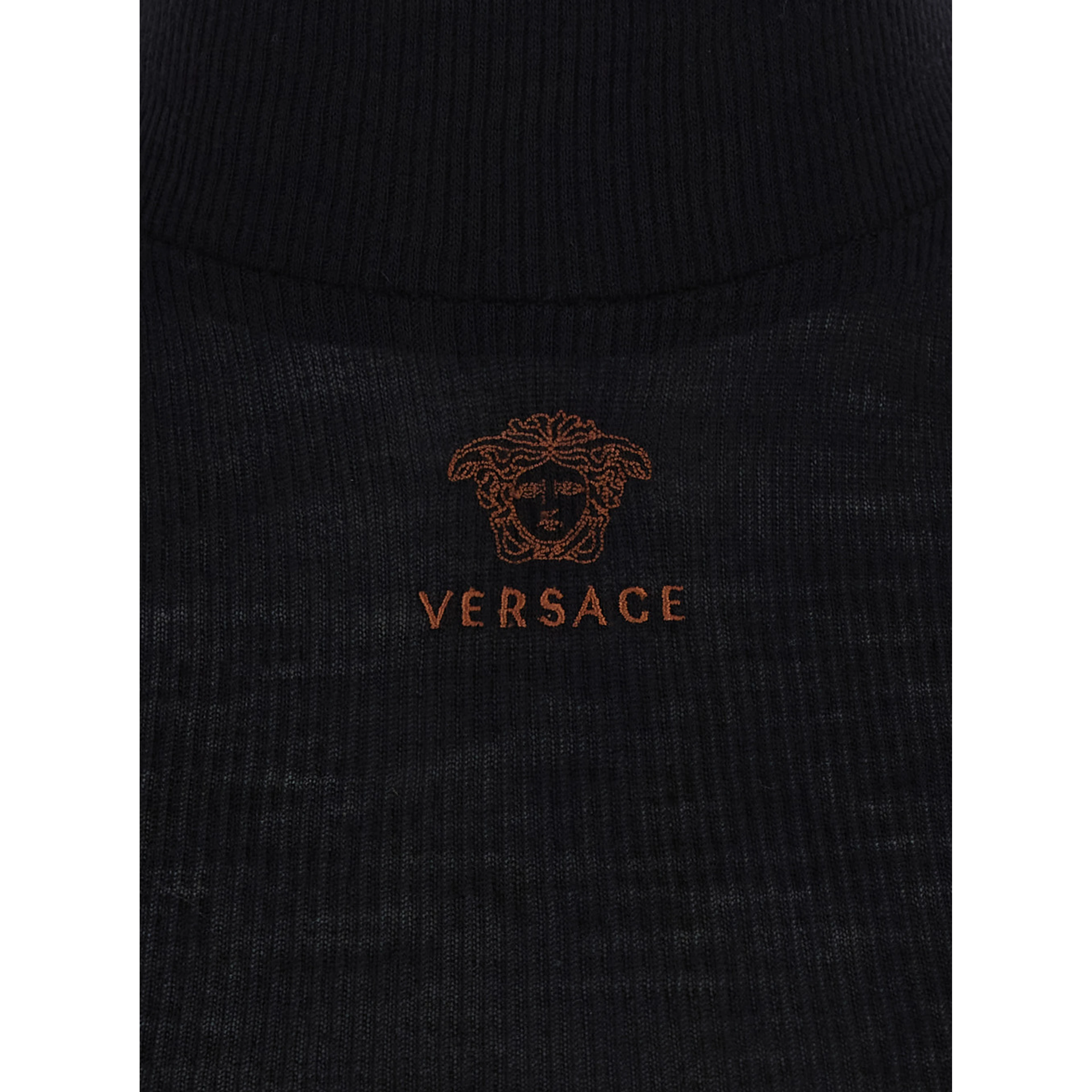 black High-neck top with embroidered Medusa logo on the front in wool for women