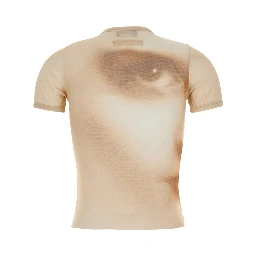 Beige T-Shirt with Face Print in Tech Fabric for Women