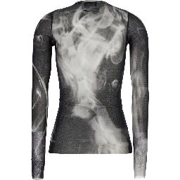 Black and White Long-Sleeved Top with Smoking Women Print in Tech Fabric for Women