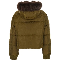 Green Down jacket with fur hood and military print in Tech Fabric women