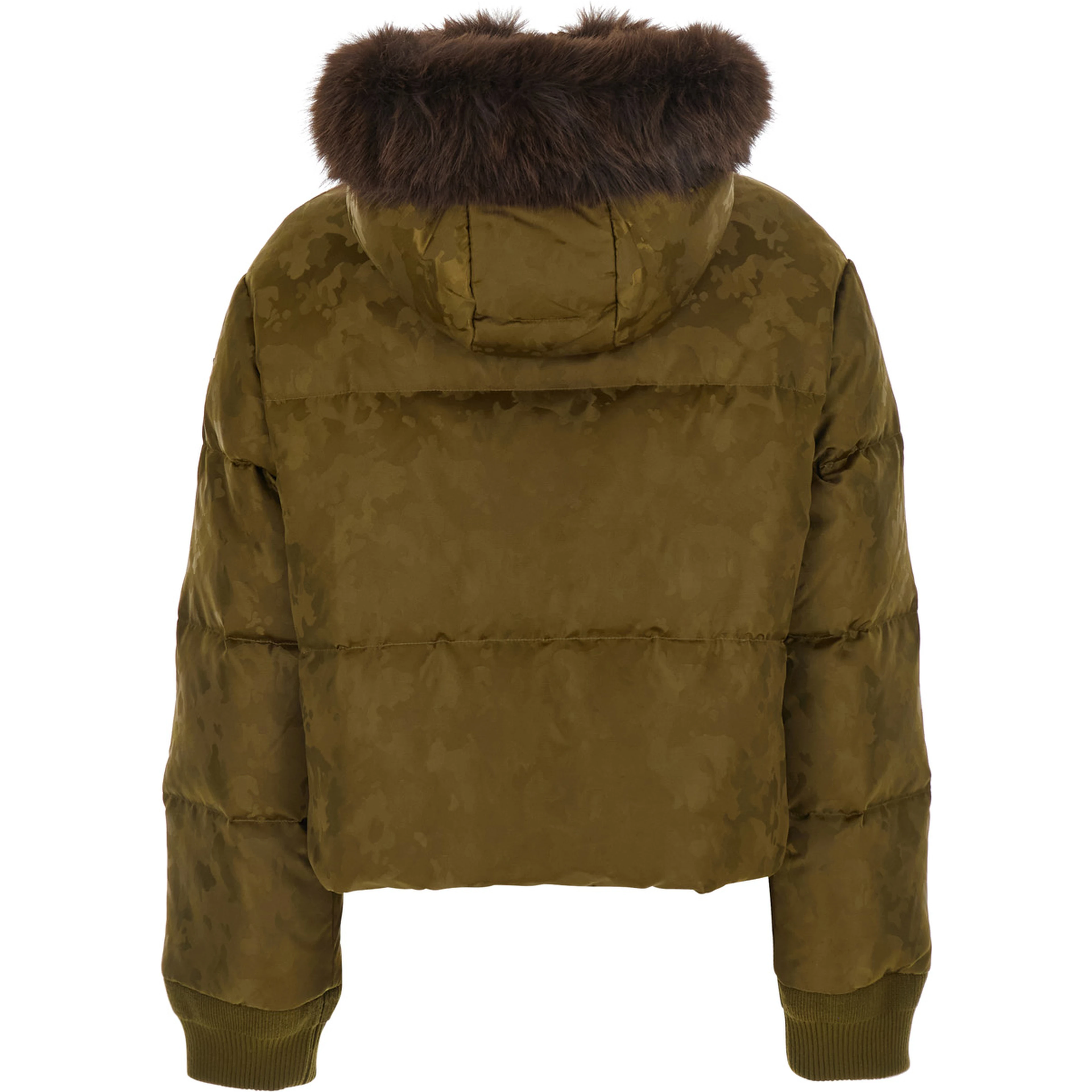 Green Down jacket with fur hood and military print in Tech Fabric women