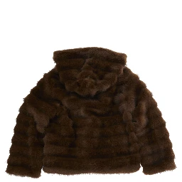 Brown Shearling Coat with Fixed Hood and Hidden Front Closure in Ecofur Girl