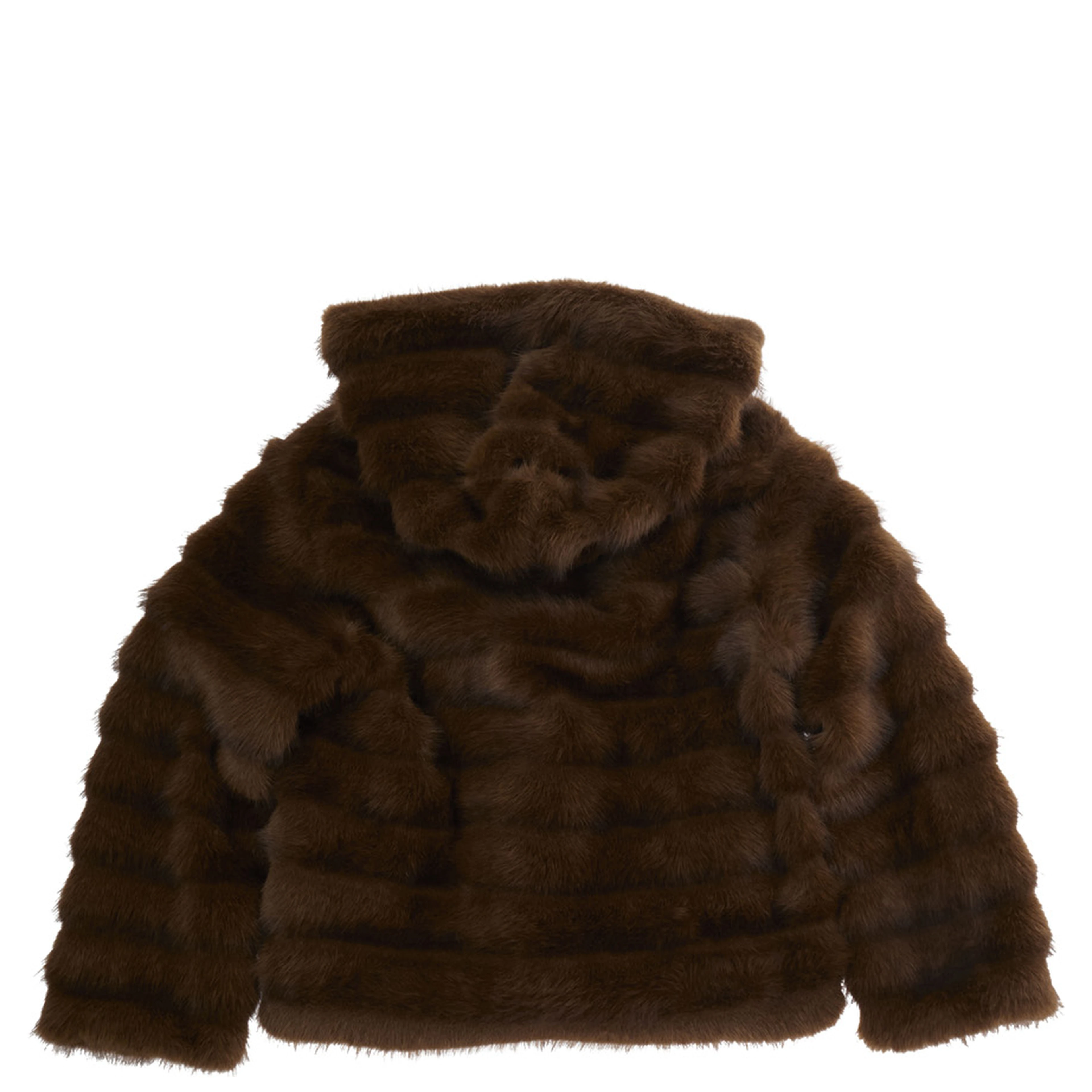 Brown Shearling Coat with Fixed Hood and Hidden Front Closure in Ecofur Girl