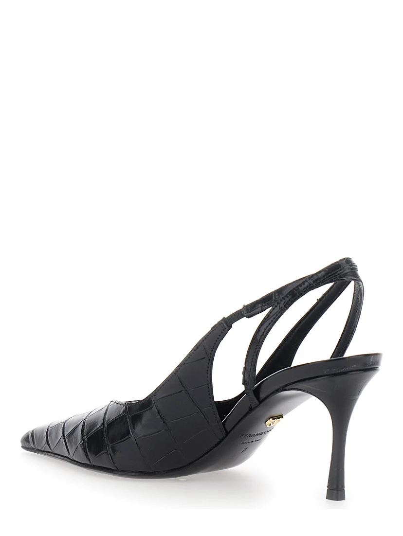 Dafne Black Pumps with High Heel and Crocodile Effect in Leather for Women