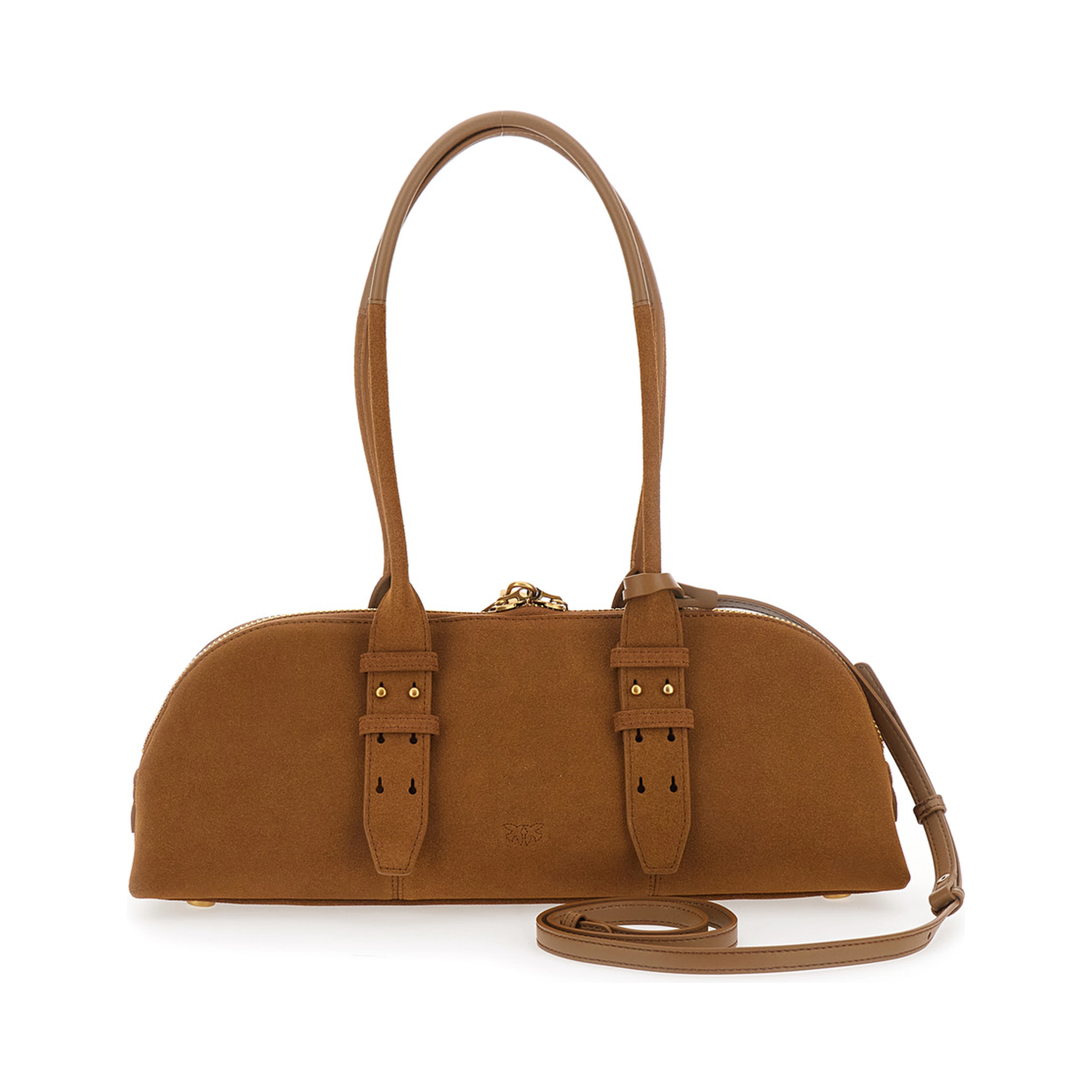 Bowling Horizontal Brown Handbag with adjustable and removable shoulder strap and Love Birds plaque on the front in suede for women