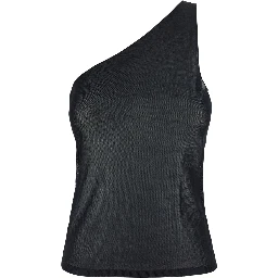 Black turtleneck top with cut-out on the shoulder and matching one-shoulder viscose top in silk for women