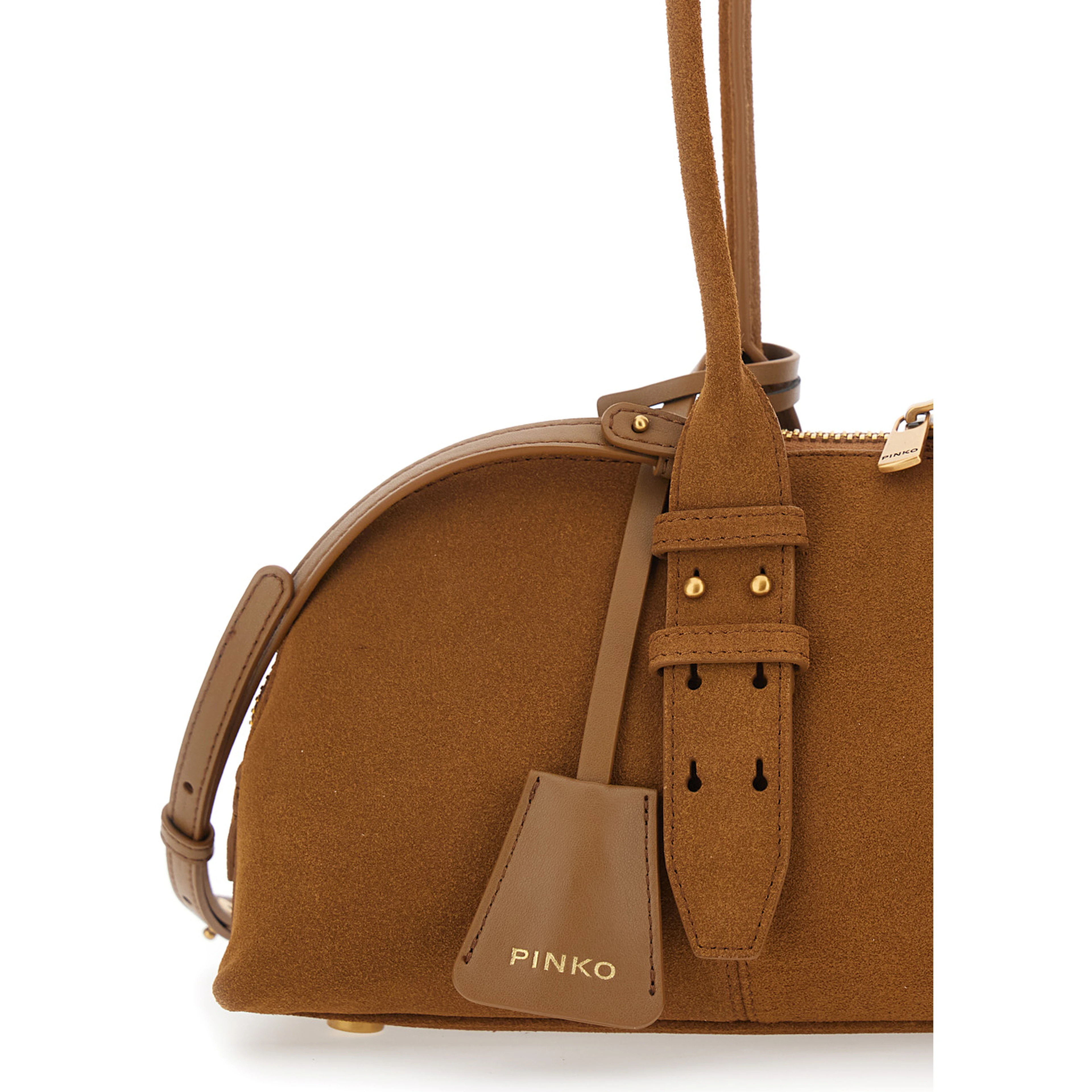 Bowling Horizontal Brown Handbag with adjustable and removable shoulder strap and Love Birds plaque on the front in suede for women