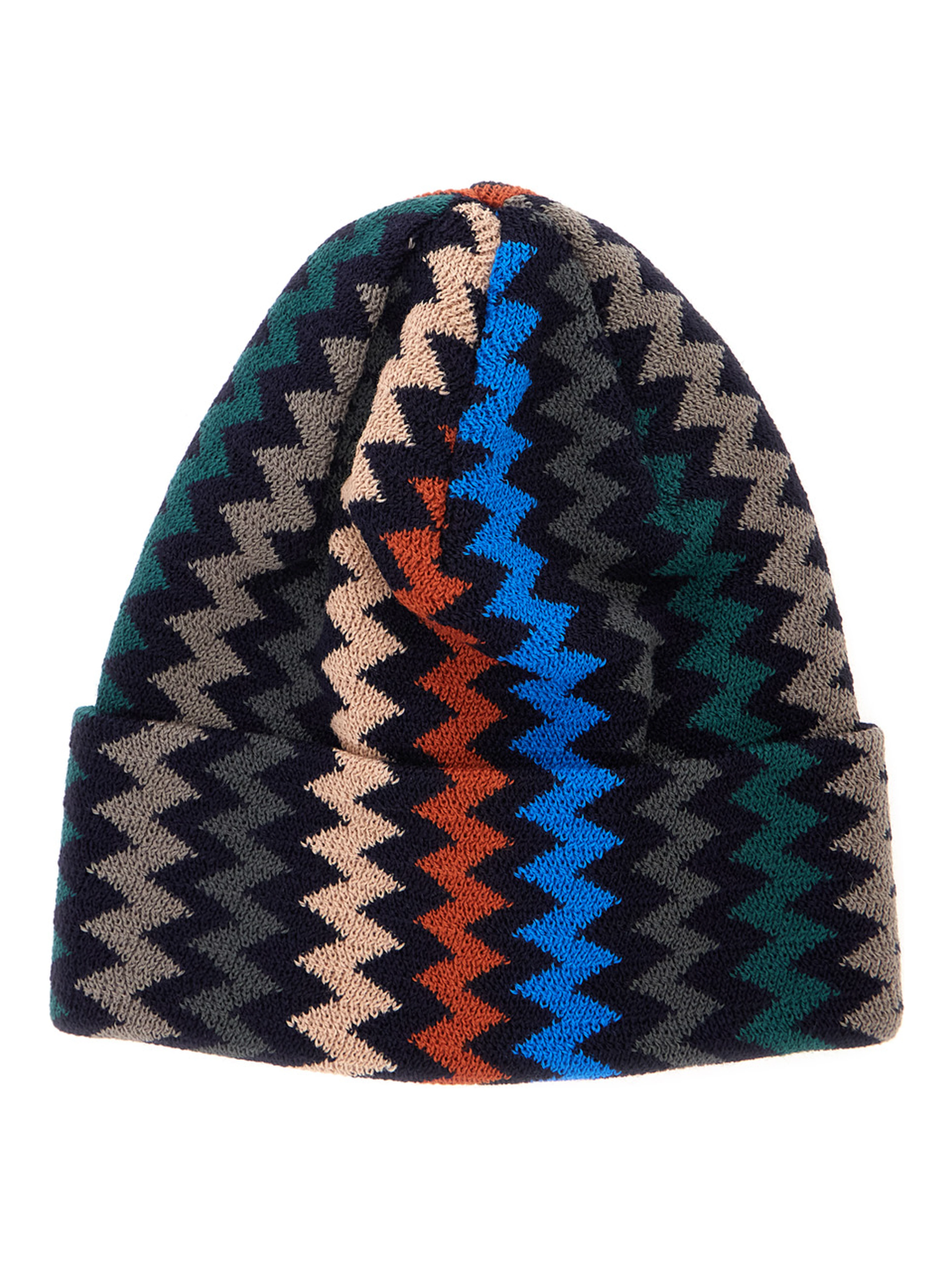 Black beanie with turn-up brim ZigZag motif in wool blend for men