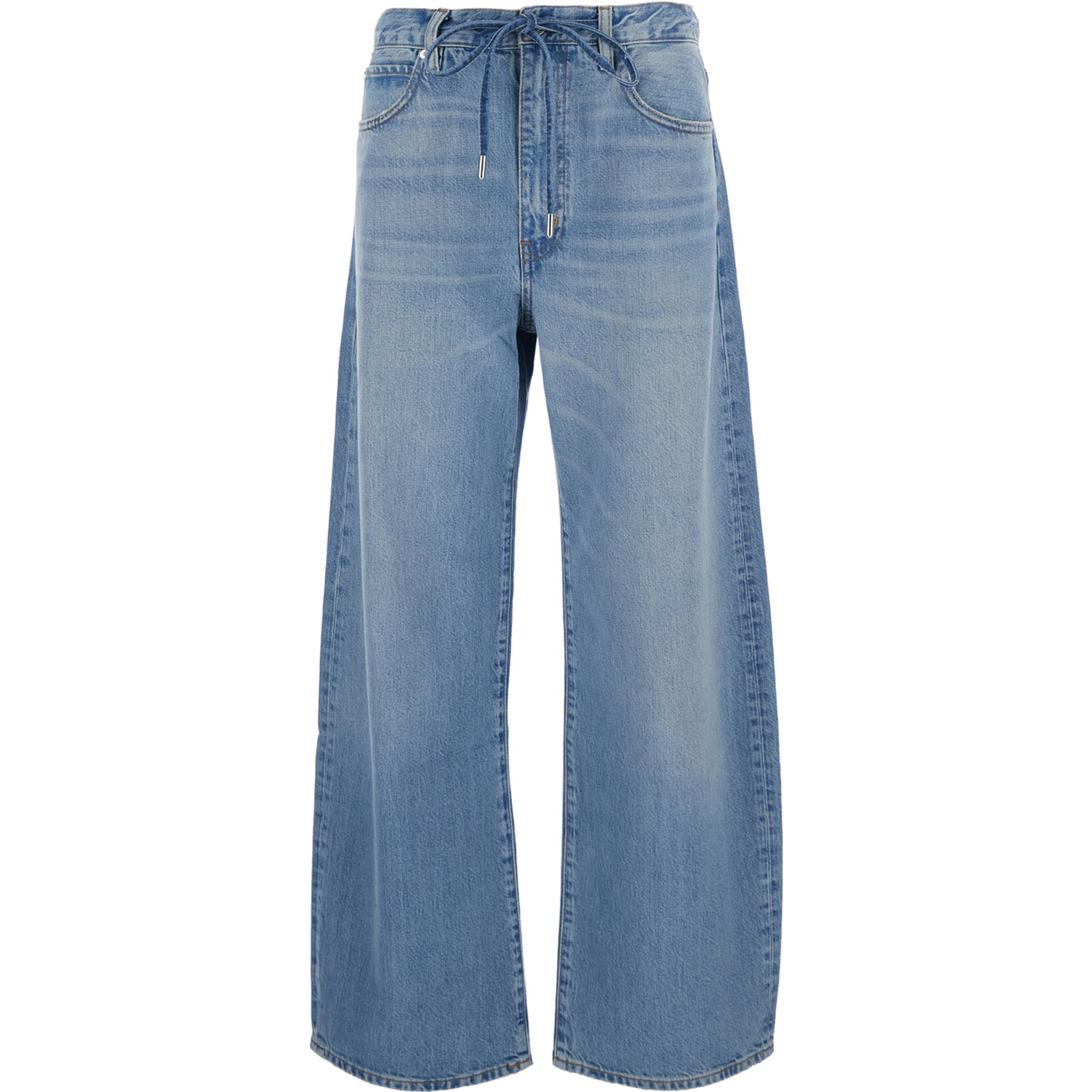 The Off-Duty Drawstring Bow Blue Jeans with Drawstring Waist and Wide Leg in Denim for Women