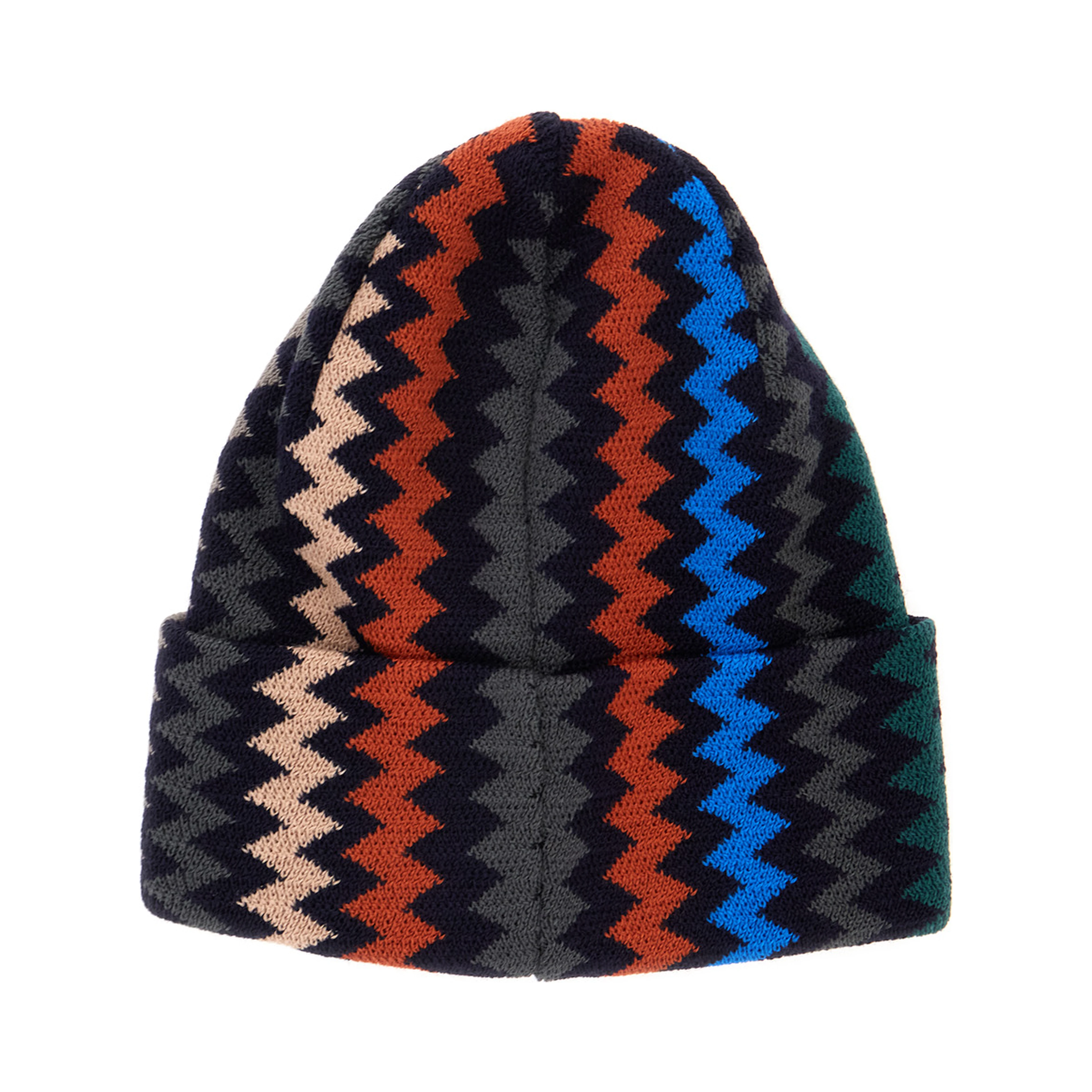 Black beanie with turn-up brim ZigZag motif in wool blend for men