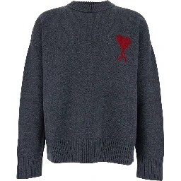 Crewneck Sweater with Dropped Shoulders and ADC Embroidery on the Front in Gray Wool for Men