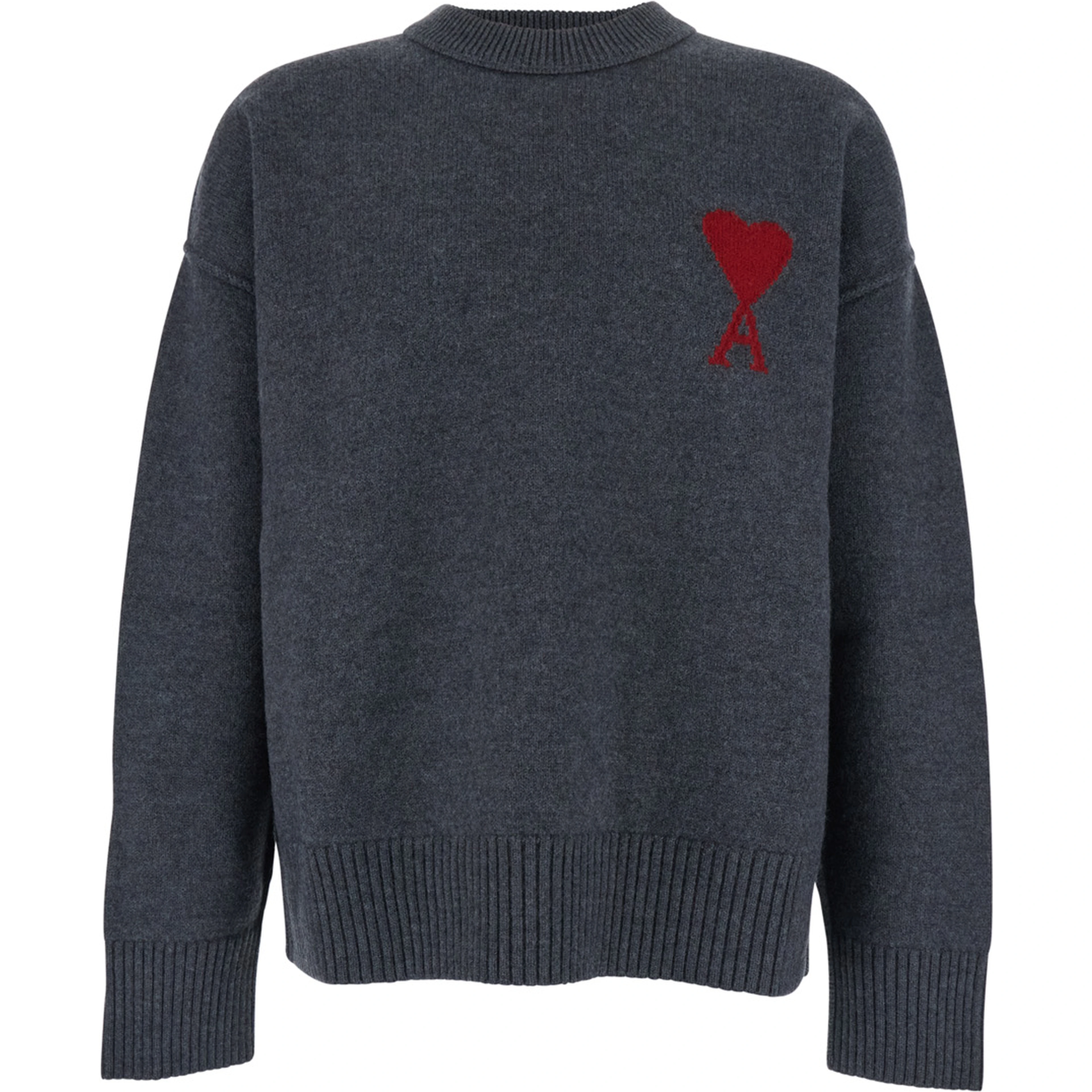 Crewneck Sweater with Dropped Shoulders and ADC Embroidery on the Front in Gray Wool for Men