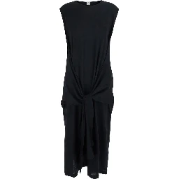 Black Long Dress with Knot Detail at Waist in Fabric for Women