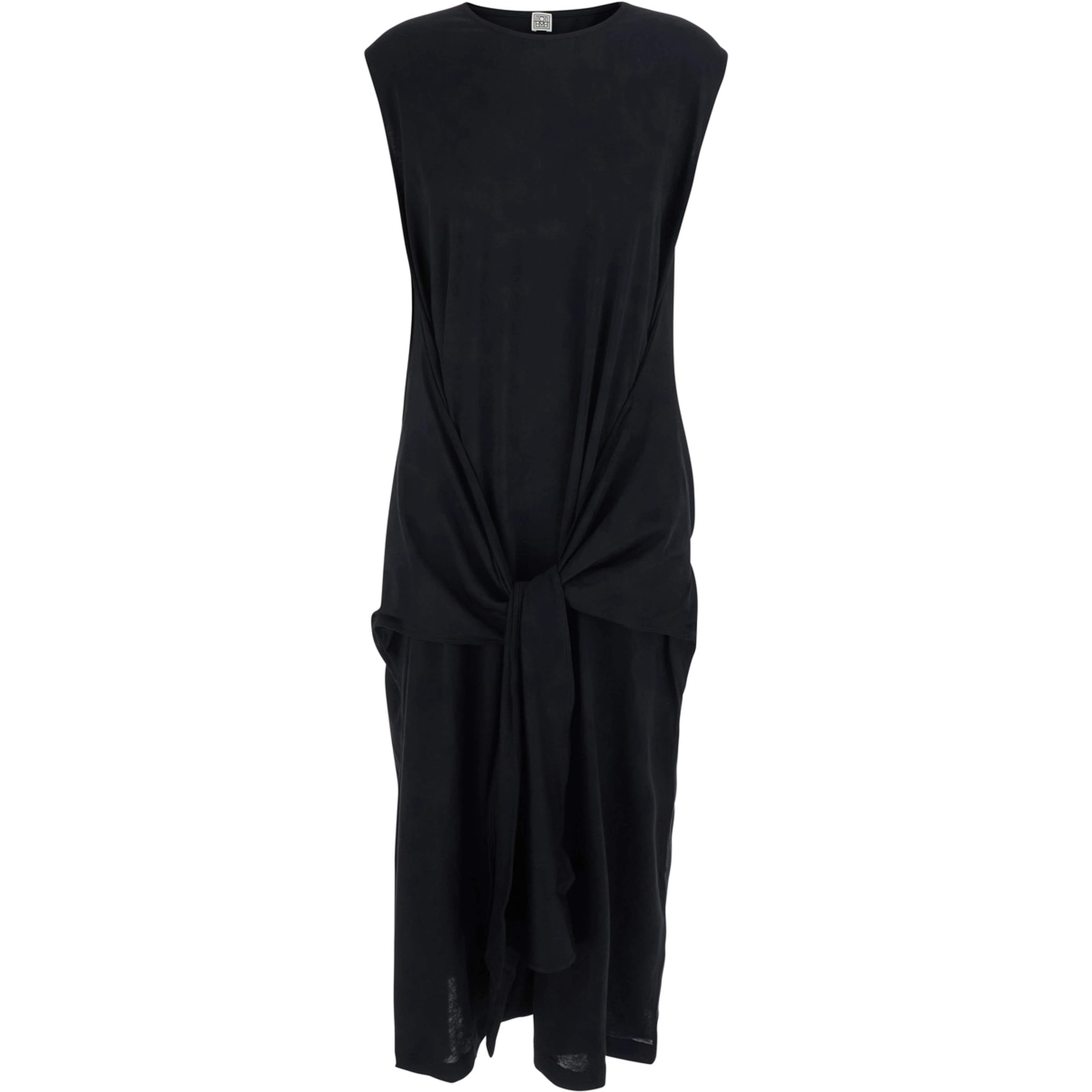 Black Long Dress with Knot Detail at Waist in Fabric for Women