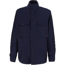 blue Jacket with high collar and front pockets in cotton and silk for men