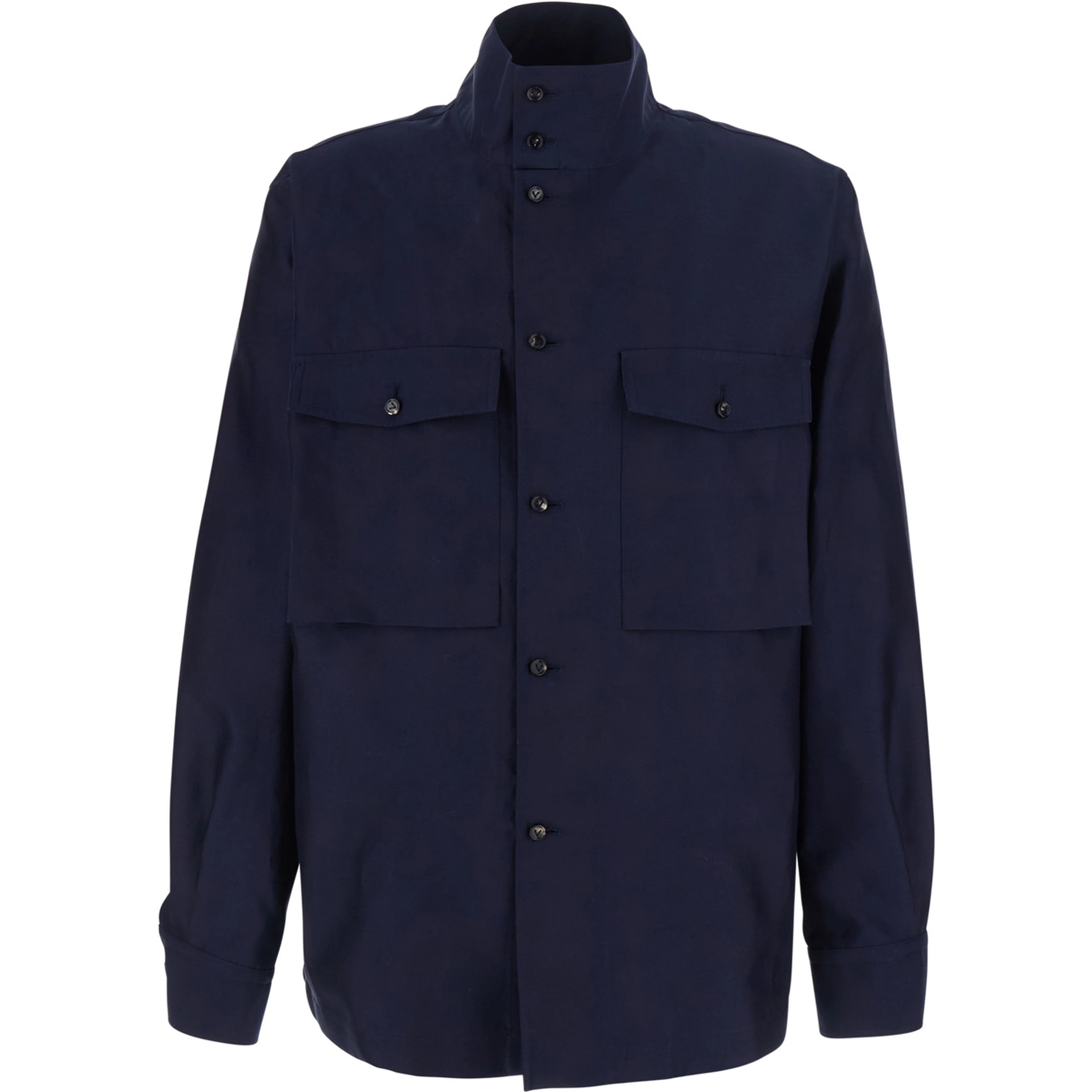 blue Jacket with high collar and front pockets in cotton and silk for men
