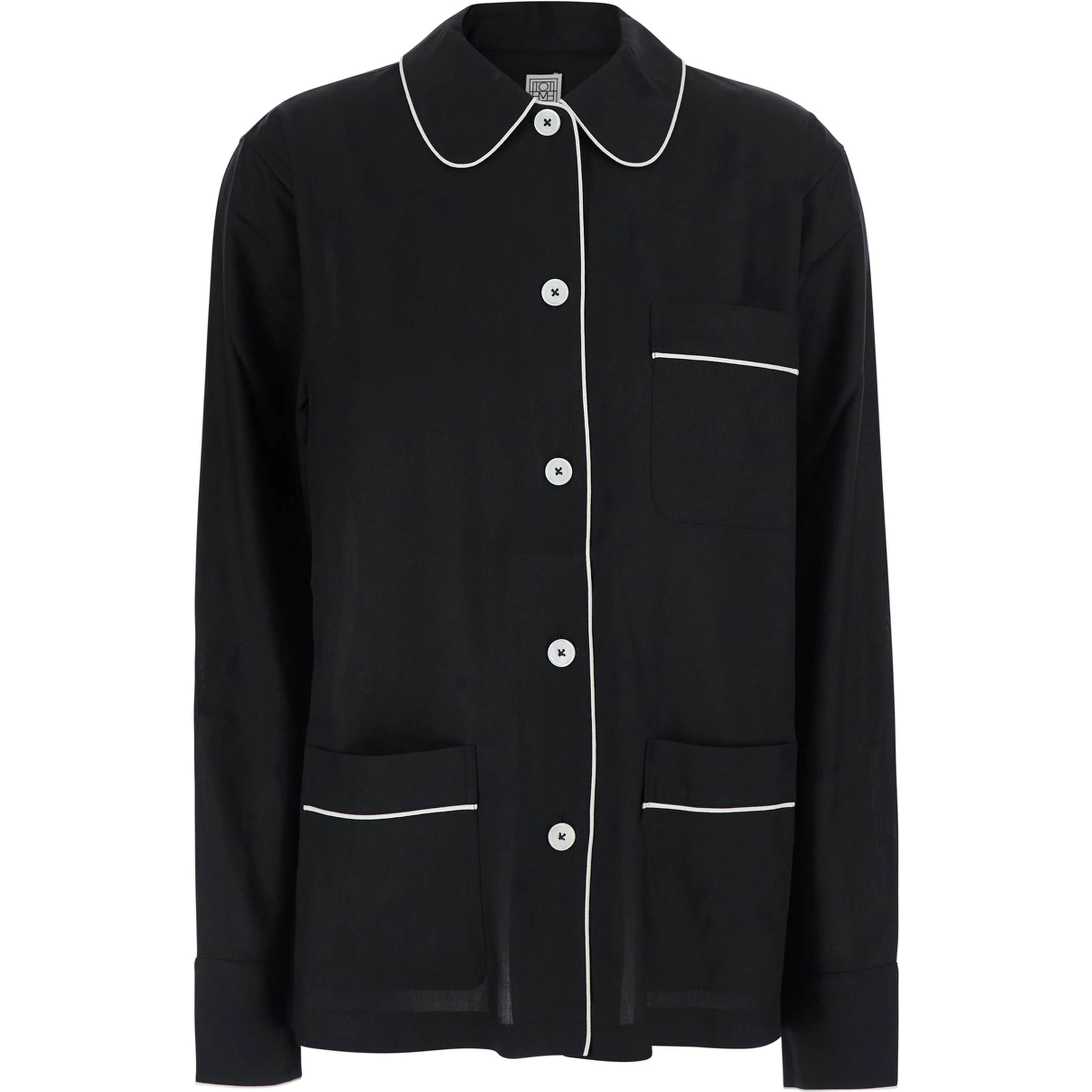 Black Shirt with collar and contrasting details in silk for women