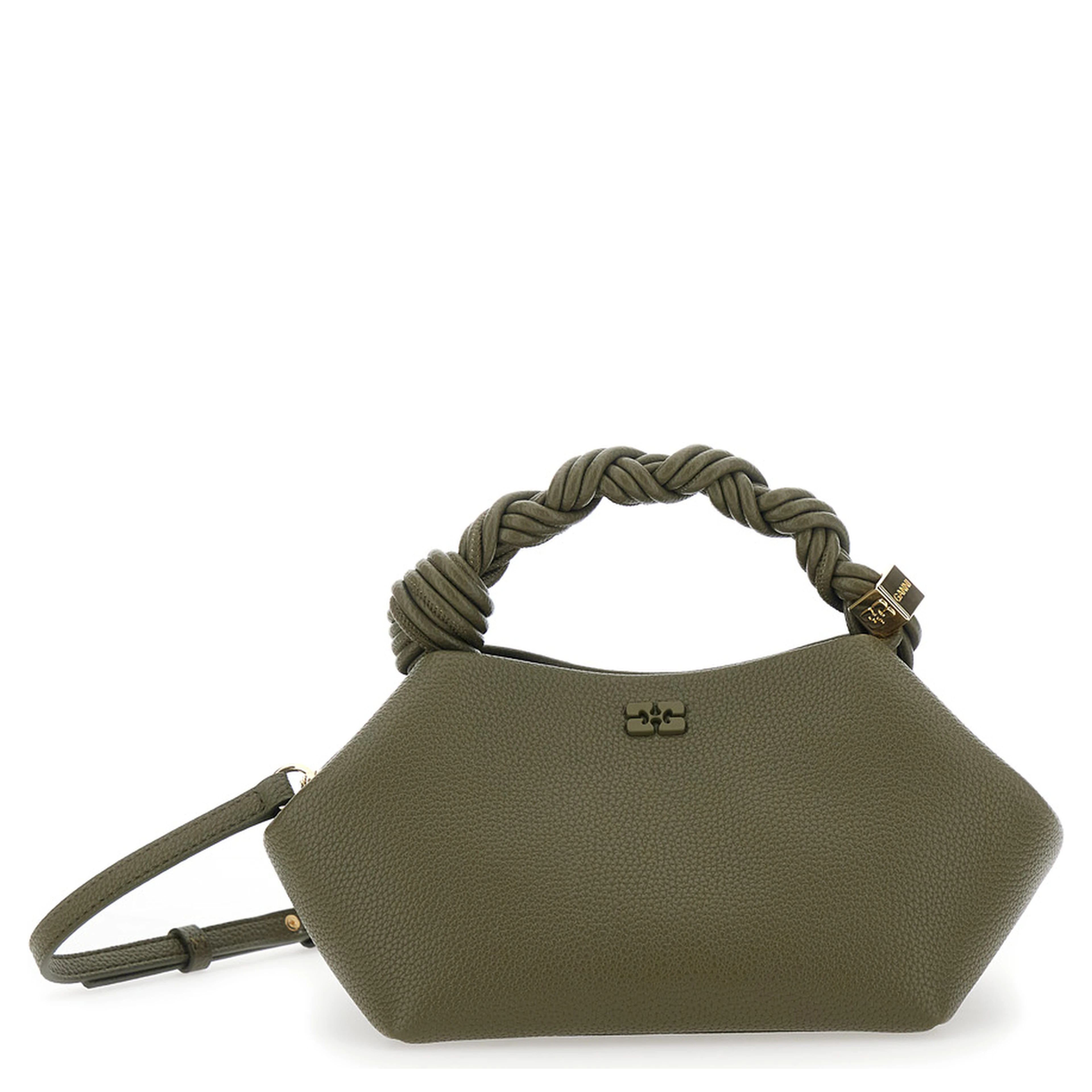 Bou Small Green Handbag with Woven Handle and Adjustable and Removable Strap in Grained Leather Woman