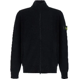 black Sweater with high collar and logo patch on the sleeve in virgin wool for men