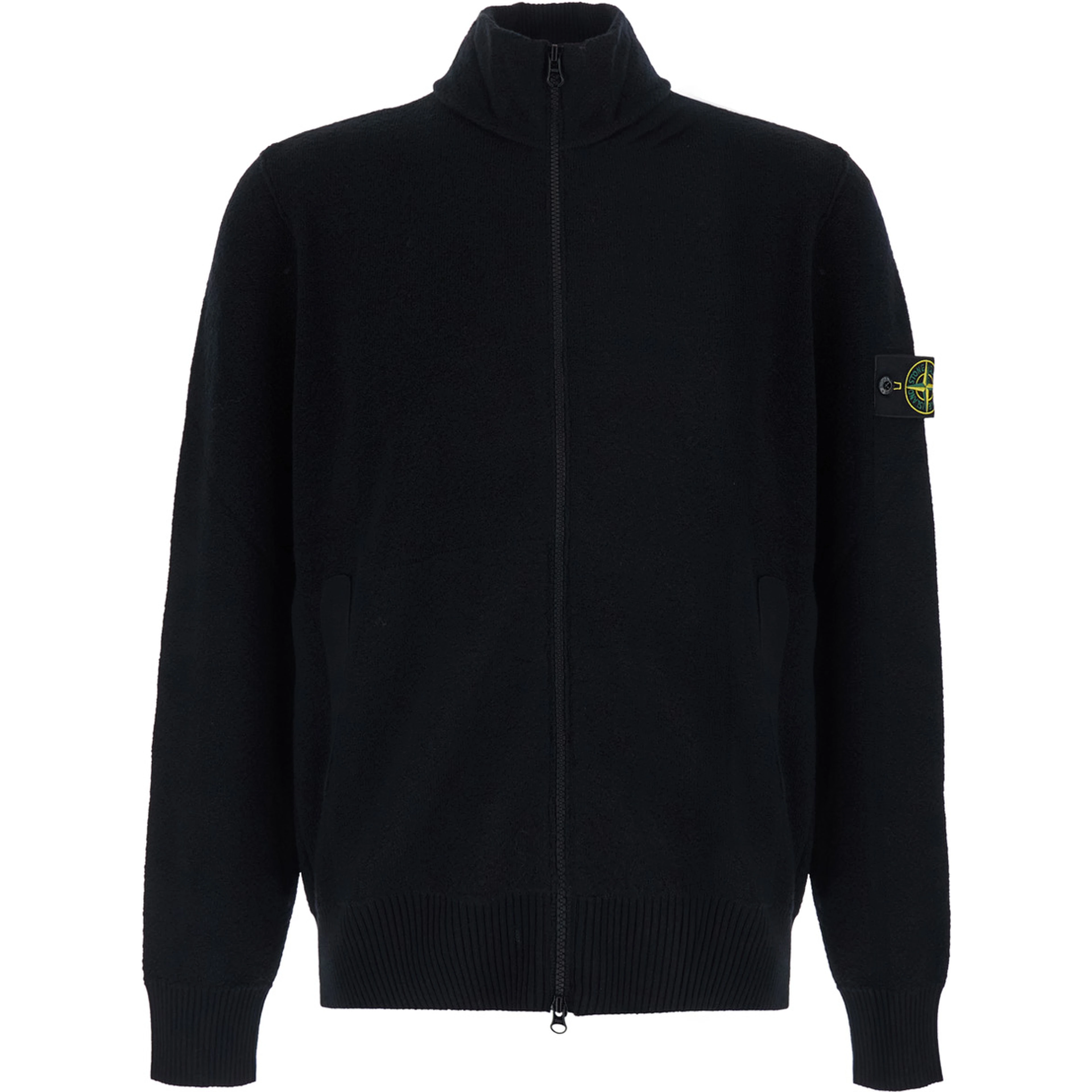 black Sweater with high collar and logo patch on the sleeve in virgin wool for men