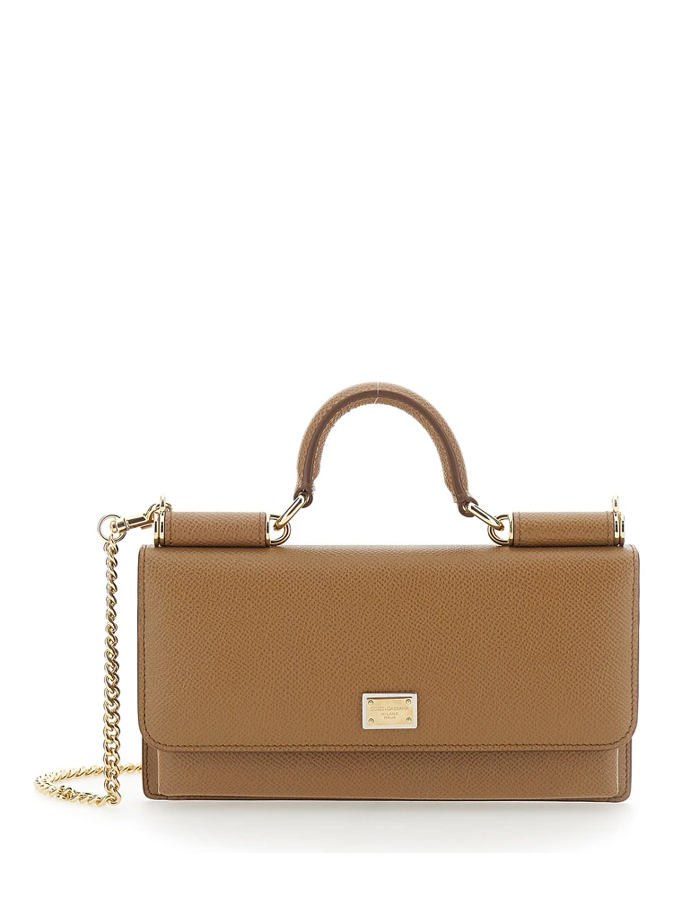Brown Mini Bag with Chain Strap and Logo Plate on the Front in Leather for Women