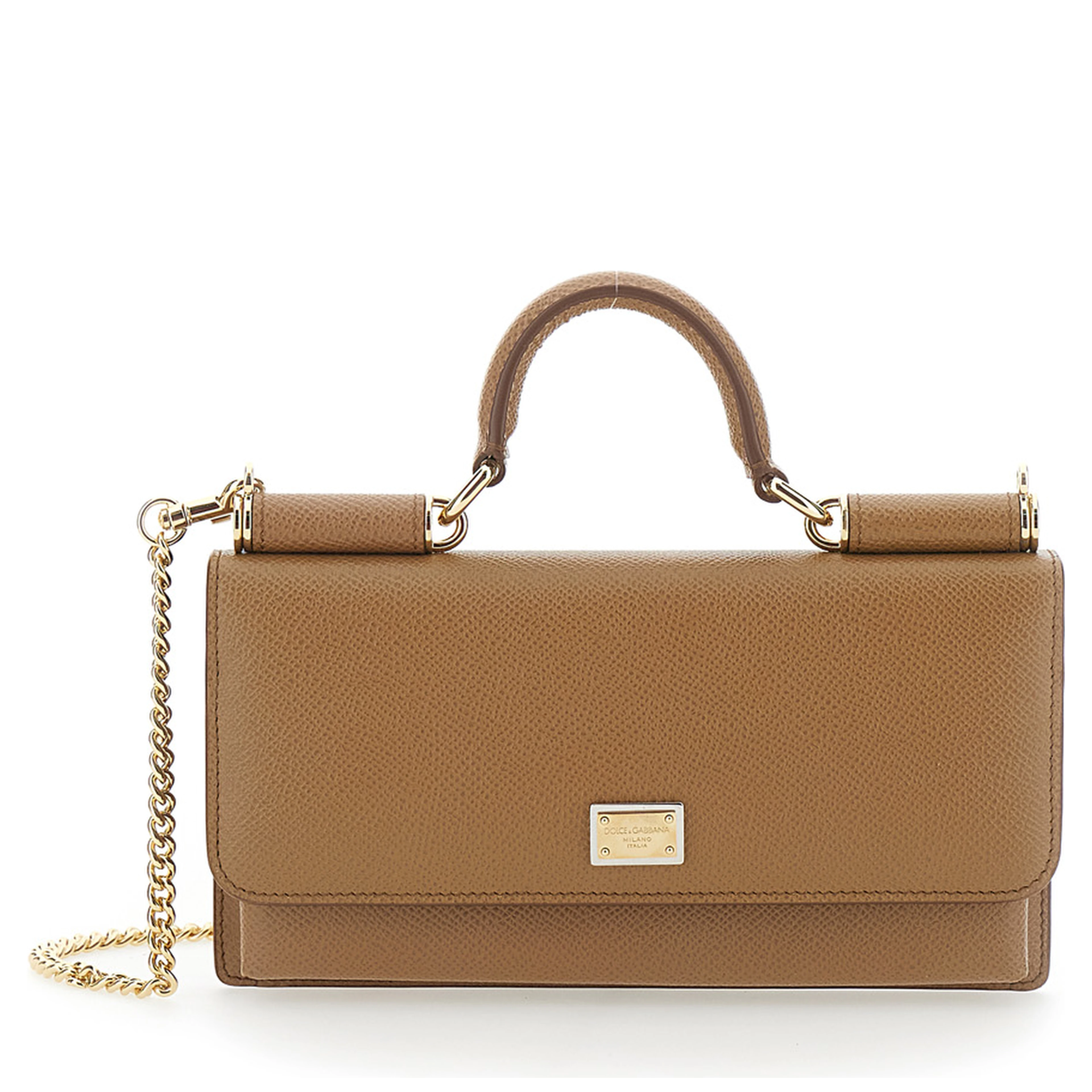 Brown Mini Bag with Chain Strap and Logo Plate on the Front in Leather for Women