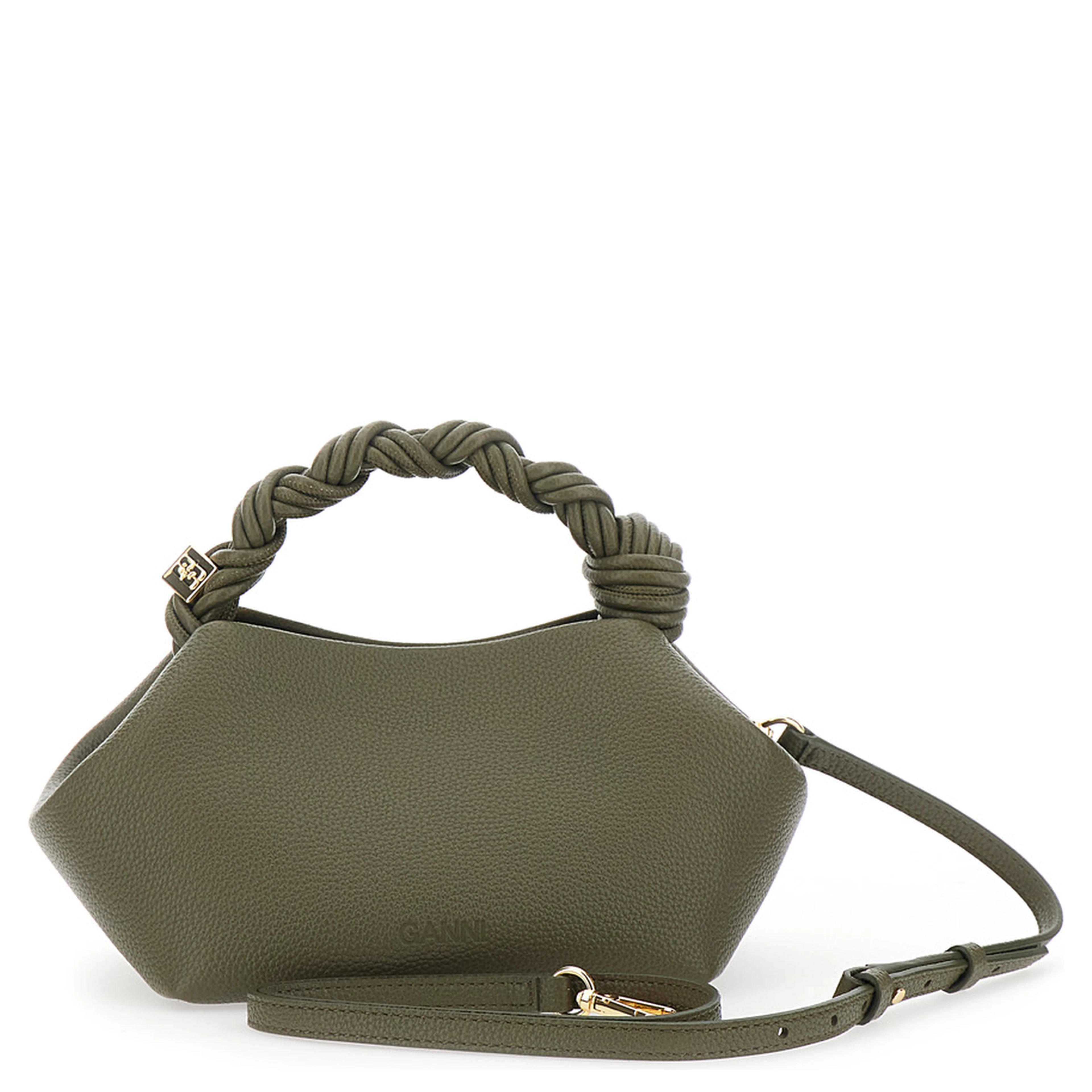 Bou Small Green Handbag with Woven Handle and Adjustable and Removable Strap in Grained Leather Woman