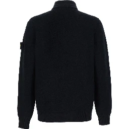 black Sweater with high collar and logo patch on the sleeve in virgin wool for men