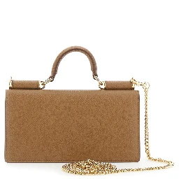 Brown Mini Bag with Chain Strap and Logo Plate on the Front in Leather for Women