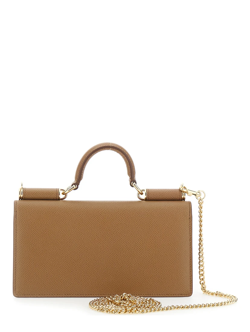 Brown Mini Bag with Chain Strap and Logo Plate on the Front in Leather for Women